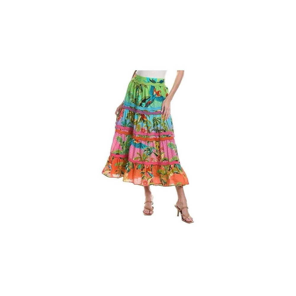 Farm Rio Rainbow Skirt Midi Ombre Tropical Floral Tiered Maxi Resortwear L